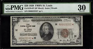 1929 $20 Federal Reserve Bank Note - St. Louis - Star Note FR.1870-H* - PMG 30 - Picture 1 of 2