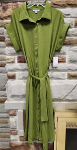 Ophelia Roe Green Belted Maxi Dress. Stretch Button Front NWT. Women's Size S - Picture 1 of 7