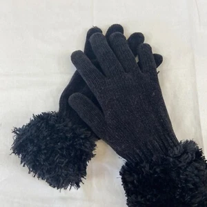 Womens Black Gloves Knit Feather Cuffs Stretch Casual Soft Comfortable Fluffy - Picture 1 of 8