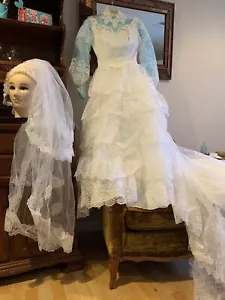 Victorian/Edwardian Style Lace Dress Cottagecore Wedding Beaded VTG With Veil - Picture 1 of 14