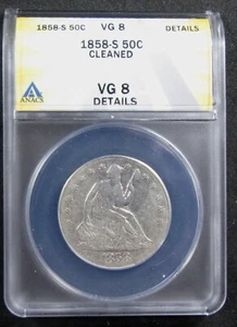 1858-S 50c ANACS VG8. Details. Low grade Seated half dollar. (1024233) - Picture 1 of 2
