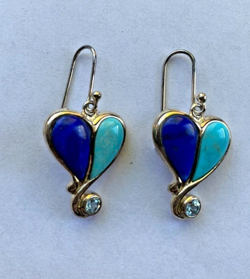 Sterling Silver SX 925 Thailand Turquoise Lapis Heart Drop Earrings French Hook - Image 1 of 4