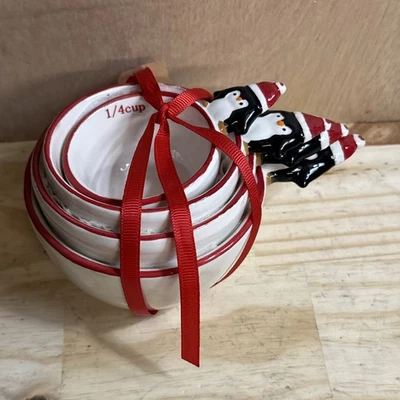 Set/4 Sleigh Hill Christmas Ceramic Measuring Cups Penguins Wearing Santa Hats - Image 1 of 3