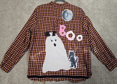 ÚNICA Camisa de Franela Reciclada Halloween Fantasma Gato Luna Envejecida Mujeres XL Foto 1 de 4