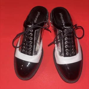 Scarpe Jeffrey Campbell Lebovit Mule tacco basso donna 7 1/2 schiena aperta argento nero - Foto 1 di 10