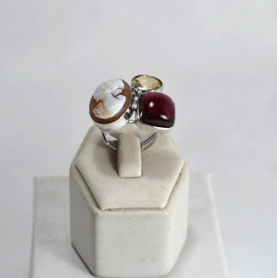 ANELLO ARGENTO 925 CAMMEO SARDONICO TORMALINA CITRINO TON  REGOLABILE  AGNK 0112 - Immagine 1 di 3