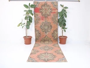 Vintage Rot Braun Läufer Teppich Terrakotta Blumen Handgeknüpft Wolle 3,2x11,4 Fuß - Bild 1 von 10