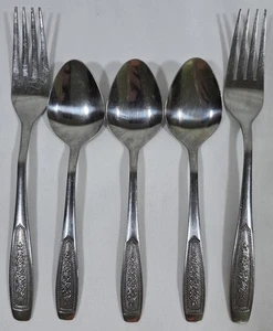 (5) Cucharaditas/tenedores imperiales de acero inoxidable de colección con patrón floral/desconocido cubiertos Corea - Imagen 1 de 4