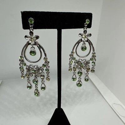 Gorgeous Silver Tone Flowers Yellow & Green Rhinestones 3” Chandelier Earrings - Image 1 of 4