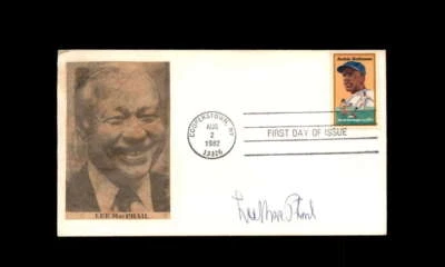 Lee MacPhail JSA Signed FDC 1982 First Day Cover Cache Jackie Robinson Autograph - Image 1 of 3