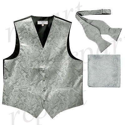 New Men's silver vest Tuxedo Waistcoat self tie bow tie and hankie set party - Image 1 of 4