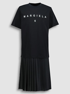 $203 MM6 Maison Margiela Girl's Black Round Neck Pleated T-Shirt Dress Size 10