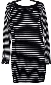 Wet Seal Body Con Sweater Dress LARGE Striped Ivory Black Long Sleeve Midi - Picture 1 of 5
