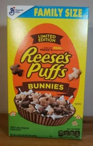 Reese's Puffs Cereal Bunnies Edizione Limitata GRANDE Famiglia Taglia 19,7 oz Pasqua 2022 - Foto 1 di 5