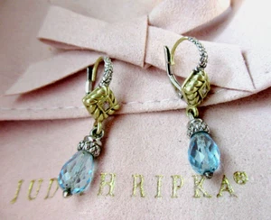 Judith Ripka JR Two Sterling Silver/18K Gold Blue Quartz & Diamond Earrings - Picture 1 of 10