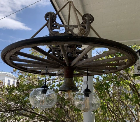 Massive Farmhouse Wagon Wheel/ Hay Trolley/Dinner Bell Chandelier 38" Wide Cover