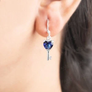 Blue Sapphire Gemstone Pendant and Earring Set Key To My Heart Gift Jewellery - Picture 1 of 6