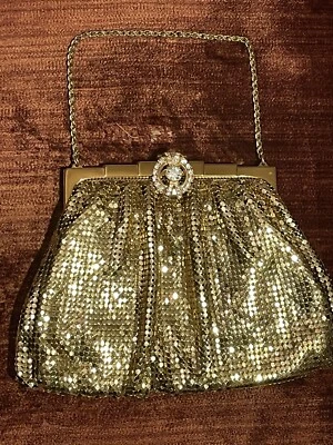 Vintage 50s Whiting Davis Gold Mesh Purse Rhinestones Tuck Strap Evening Bag - Image 1 of 4