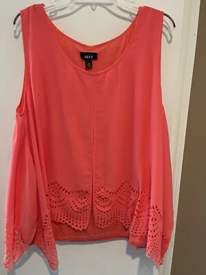 ALYX TANK 1X Boho Swing Floral Scarf Like Hem Lined Layered Cutouts Coral Top - Image 1 of 4