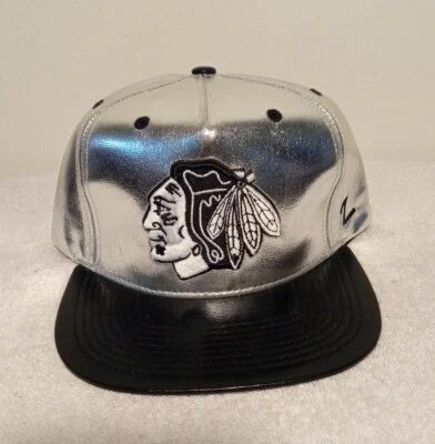 Chicago Blackhawks zephyr Face-Off Headwear NHL Silver Foil chrome Strapback Hat - Image 1 of 4