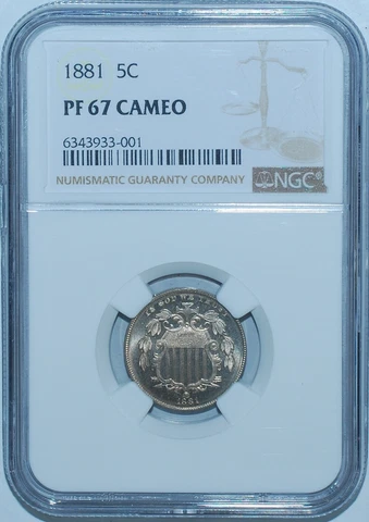 1881 NGC PR67CAM Cameo Proof Strike Shield Nickel Cover