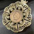 Vtg 1897 Indian Head Penny Coin Rhinestones Pendant Necklace Gold Tone Central