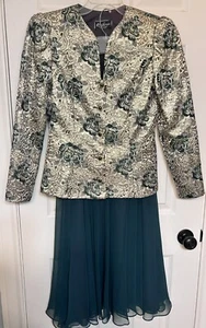 Vtg Karen Lawrence byMatthew Gold Embroidered Green Brocade Roses 2pc Dress Suit - Picture 1 of 9
