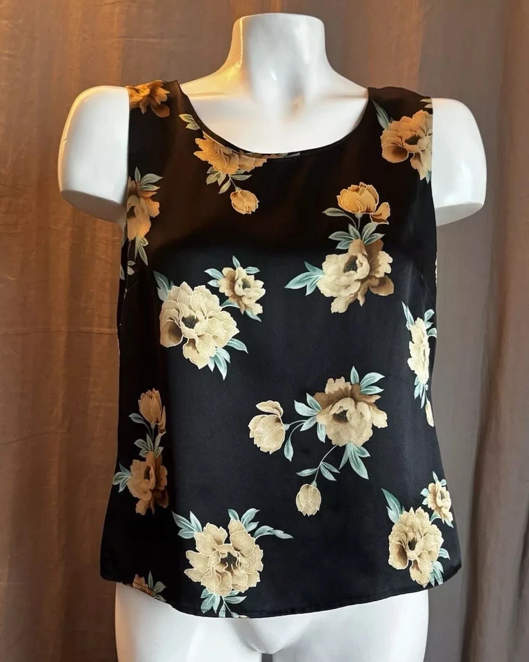Kate Hill Silk Top Satin Black Tank Sleeveless Size 8 Floral Roses - Image 1 of 4