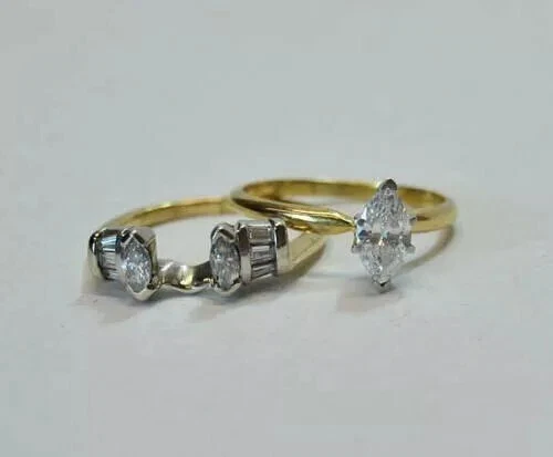 Art Deco Vintage Marquise Lab Created Diamond 925 Silver Wedding Bridal Ring Set - Image 1 of 4