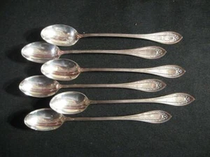 VINTAGE EXTRA PLATE COIN SILVER ICED TEA SPOONS - SIX - PATTERN & CIRCA UNKNOWN - Picture 1 of 2