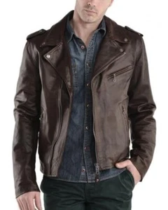 Herren Motorrad Biker echtes Lammfell braun Bomber Lederjacke XS-2XL FB24 - Bild 1 von 3
