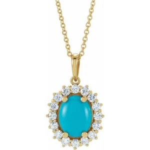 14K Gelb Natur Türkis & 1/3 CTW Diamant Halo-Stil 16-18 Zoll Halskette - Bild 1 von 2