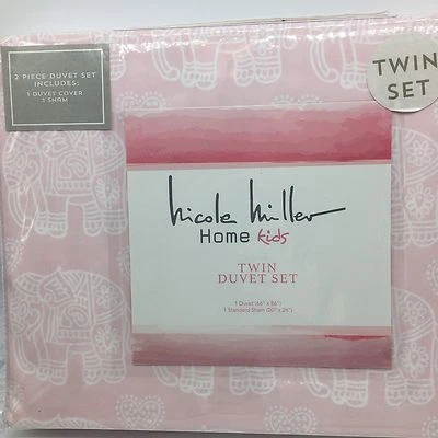2pc Nicole Miller Ornate Elephant TWIN Duvet Sham Set Hearts Pink Designer NEW - Image 1 of 4