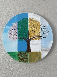 Pintura acrílica árbol en cuatro estaciones azul verde - Imagen 1 de 4