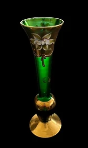 Vase bourgeon en verre 8" émeraude de Murano Vecchia émail doré peint main Made in Italy - Photo 1/6