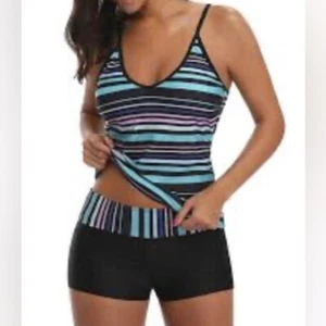 XXL schwarz blau lila gestreift Tankini Shorts Badeanzug Damen verstellbare Träger - Bild 1 von 12