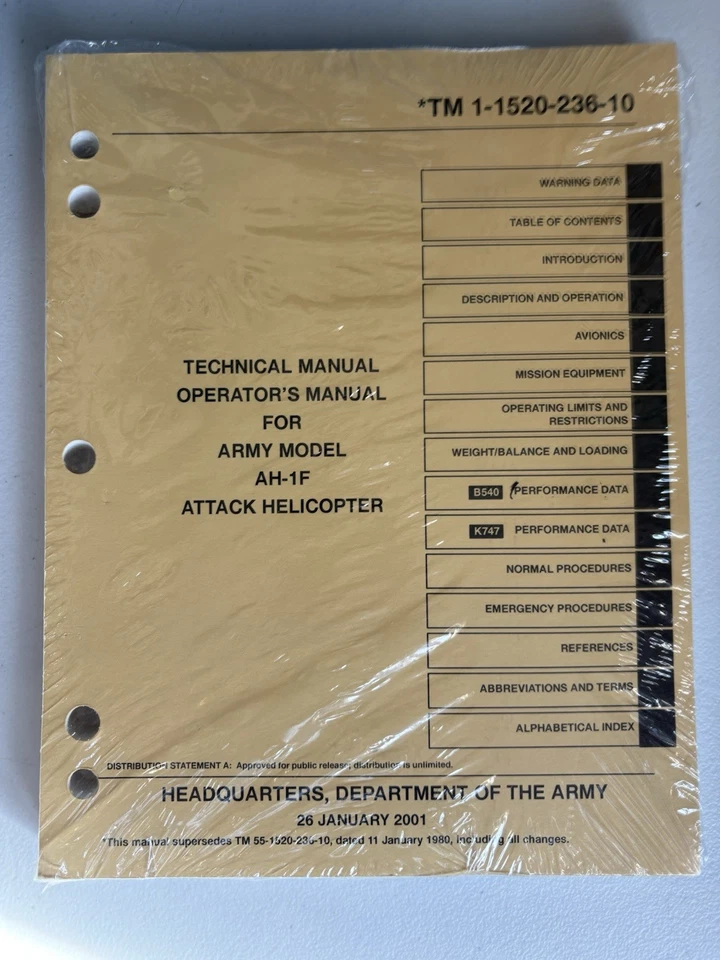 Army AH-1F  Cobra Attack Helicopter Operators Flight Manual  New Sealed Book - Image 1 of 1