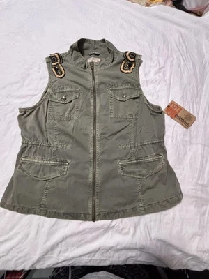 Chaleco tallado con volantes para mujer XL oliva renovación utilitario algodón adornado con cuentas nuevo con etiquetas Foto 1 de 4