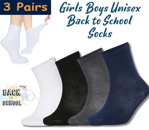 3 Pairs Kids Girls Boys Plain Socks School Uniform Cotton Childrens Ankle Socks - Picture 1 of 18