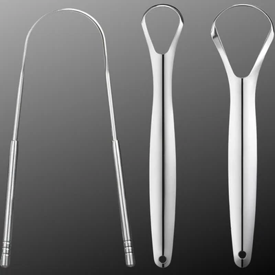 Raspador de lengua de metal de 3 piezas, raspadores de lengua para adultos niños, acero inoxidable Foto 1 de 4