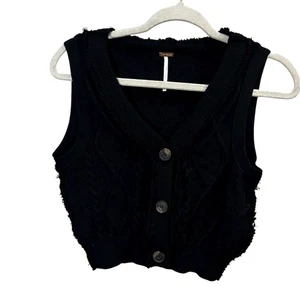 Free People Women's Black Cable Knit Sweater Vest Size Medium Preppy Academia - Picture 1 of 7