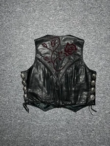 GYPSY VINTAGE 70s-80s Womens Etched Leather Fringe Motorcycle USA Vest - Size XL - Picture 1 of 13