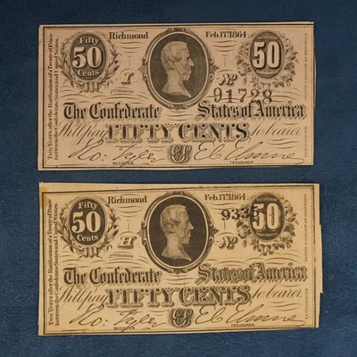Pair of 1864 Confederate States of America Richmond 50c Notes- Free Shipping USA - Image 1 of 3