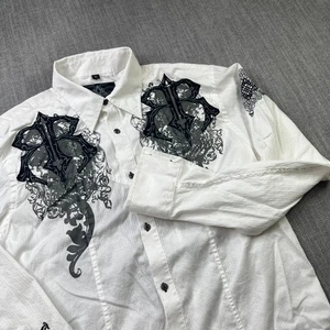 Roar Button Down Shirt Mens L White Black Emboridered Long Sleeve Rock Roll - Picture 1 of 11