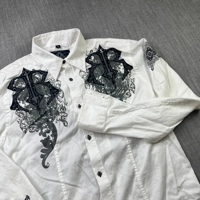 Roar Button Down Shirt Mens L White Black Emboridered Long Sleeve Rock Roll - Image 1 of 4