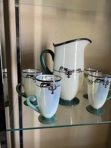 Fry Art Glass Pitcher & 4 tumblers Beautiful Rockwell sterling and enamel decor. - Picture 1 of 7