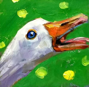 Pintura al óleo original ganso blanco caprichoso animal decoración de pared regalo 4x4" - Imagen 1 de 5