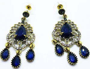 New Gorgeous Dangle Chandelier Sapphire Crystal & Rhinestone Pierced Earrings - Picture 1 of 2