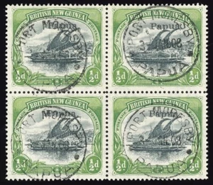 Papua 1906 "Lakatoi" ½d black & yellow-green block of four VFU. SG 38. Sc 19. - Picture 1 of 1