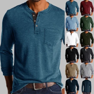 Mens Long Sleeve Henley T Shirt Grandad Casual Work Button V Neck Tee Shirt Tops - Picture 1 of 23